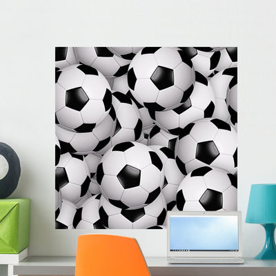 Soccer Balls Seamless Texture Wall Decal shown on a wall