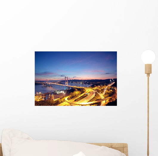 Beautiful night scenes of Tsing Ma Bridge in Hong Kong. Wall Mural