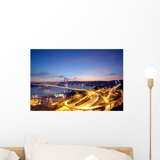 Beautiful night scenes of Tsing Ma Bridge in Hong Kong. Wall Mural