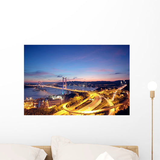 Beautiful night scenes of Tsing Ma Bridge in Hong Kong. Wall Mural
