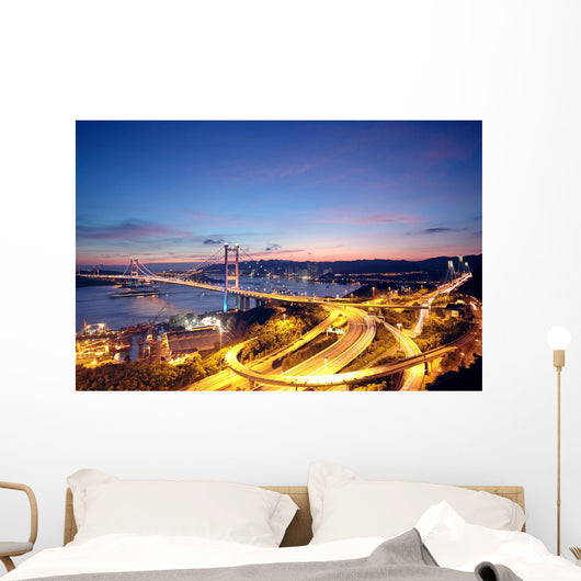 Beautiful night scenes of Tsing Ma Bridge in Hong Kong. Wall Mural