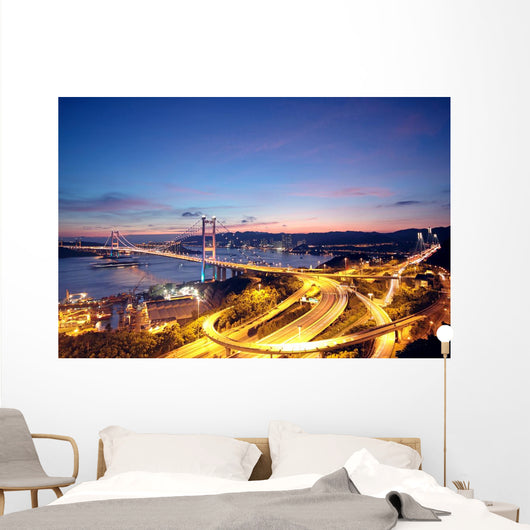 Beautiful night scenes of Tsing Ma Bridge in Hong Kong. Wall Mural