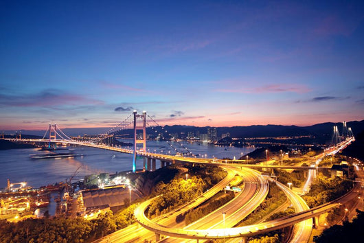Beautiful night scenes of Tsing Ma Bridge in Hong Kong. Wall Mural