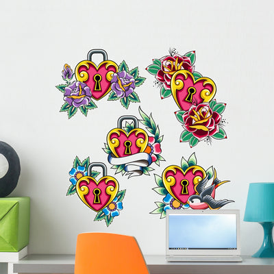 Locket Hearts Tattoo Wall Stickers shown on a wall