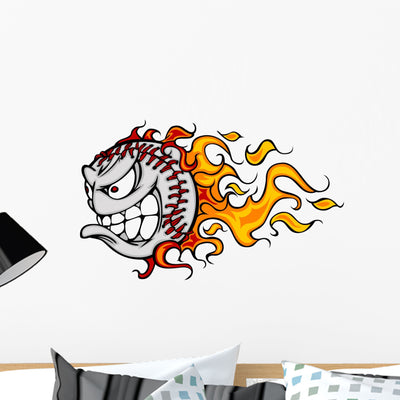 Flaming Baseball or Softball Wall Decal shown on a wall