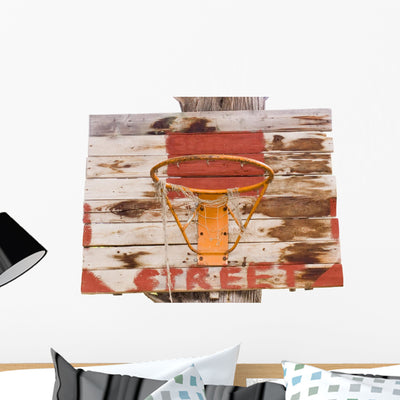 Old Basketball Basket Wall Decal shown on a wall