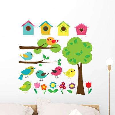 Trees Flowers Birds Wall Stickers shown on a wall