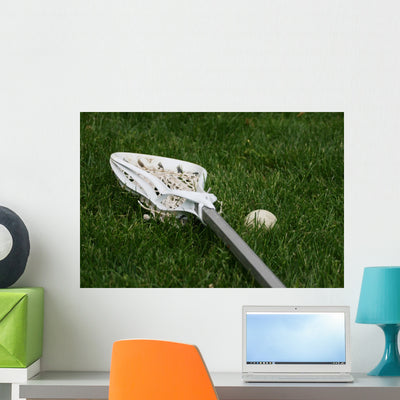 Lacrosse Stick and Ball Wall Decal shown on a wall
