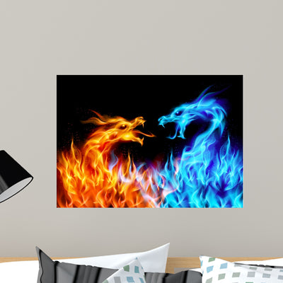 Blue and Red Fire Wall Mural shown on a wall