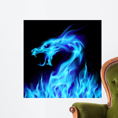 Blue Fire Dragon Wall Mural shown on a wall