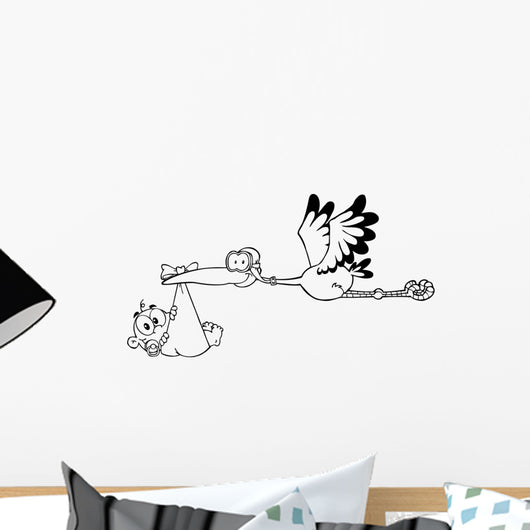 Outlined Stork Delivering A Newborn Baby Boy Wall Decal