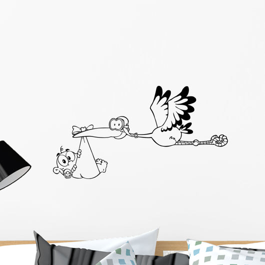 Outlined Stork Delivering A Newborn Baby Boy Wall Decal