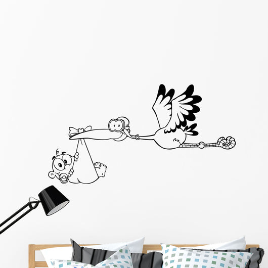 Outlined Stork Delivering A Newborn Baby Boy Wall Decal