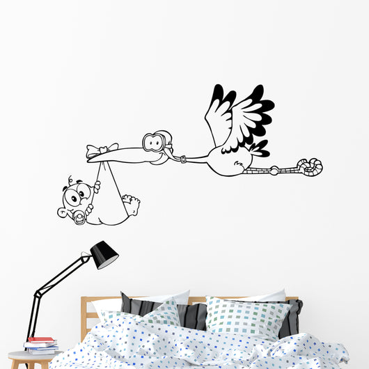 Outlined Stork Delivering A Newborn Baby Boy Wall Decal