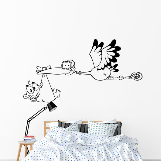 Outlined Stork Delivering A Newborn Baby Boy Wall Decal