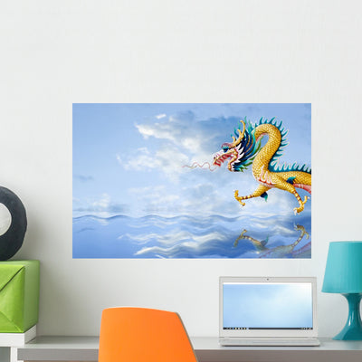 Golden Dragon Flying over shown on a wall