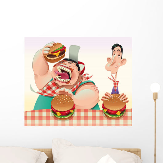 Guys with Hamburgers Cartoon Wall Mural