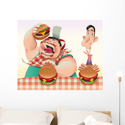 Guys with Hamburgers Cartoon Wall Mural