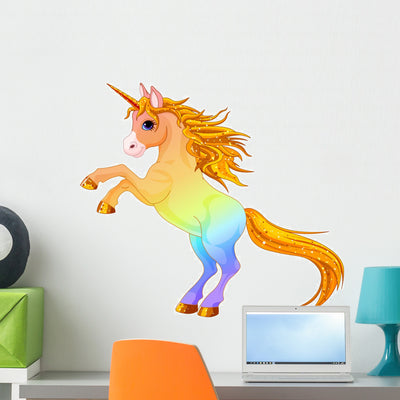 Rainbow Colored Unicorn Wall Decal shown on a wall