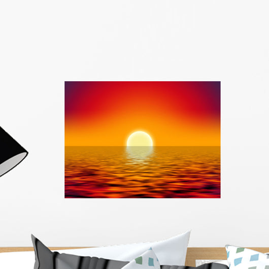 yellow sun over the ocean and red sky Wall Mural