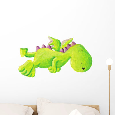 Cute Green Dragon Flying Wall Decal shown on a wall