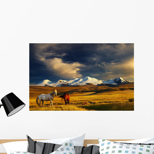 Sunset Mountain Landscape with Horses Wall Decal
