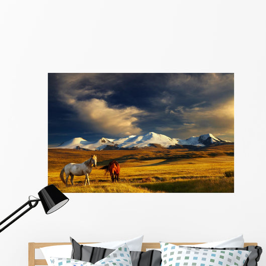 Sunset Mountain Landscape with Horses Wall Decal