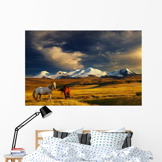Sunset Mountain Landscape with Horses Wall Decal