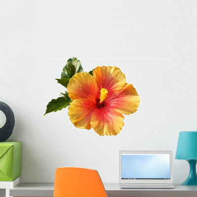 Orange and Red Hibiscus Wall Decal shown on a wall