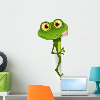 Green Cartoon Frog Peaking Around Corner Wall Decal shown on a wall