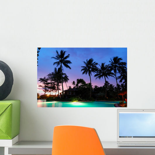Sunset and Illuminated Swimming Pool - Horizontal Wall Decal