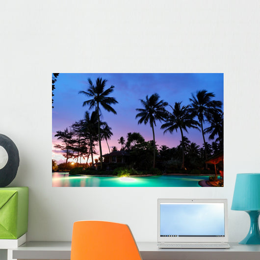 Sunset and Illuminated Swimming Pool - Horizontal Wall Decal