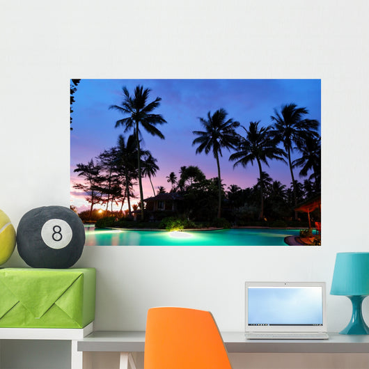 Sunset and Illuminated Swimming Pool - Horizontal Wall Decal