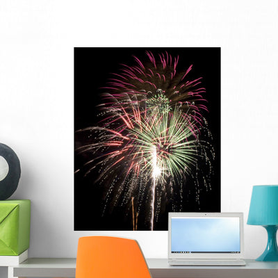 Green and Pink Fireworks Wall Decal shown on a wall