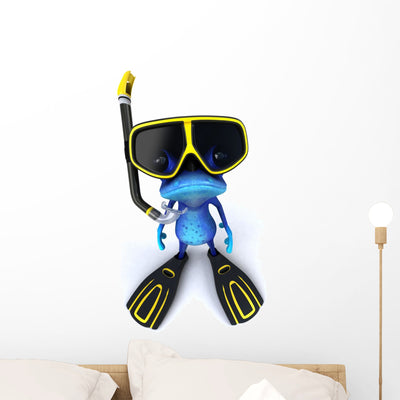 Blue CG Frog Wearing Goggled and Flippers Wall Decal shown on a wall