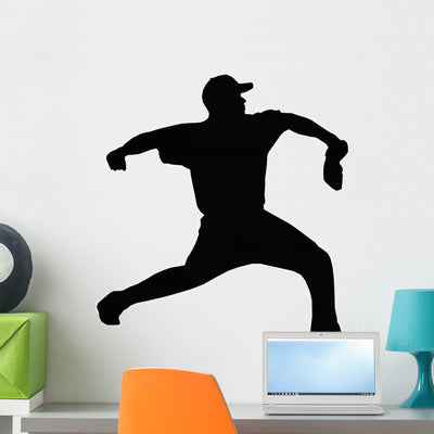 Baseball Pitcher Throwing Ball Wall Decal shown on a wall