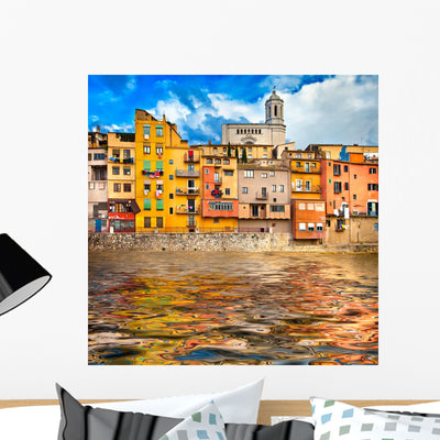 Girona Pictorial City Spain Wall Decal shown on a wall