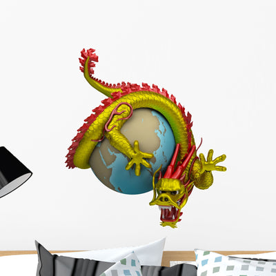 Chinese Dragon around Globe Wall Decal shown on a wall
