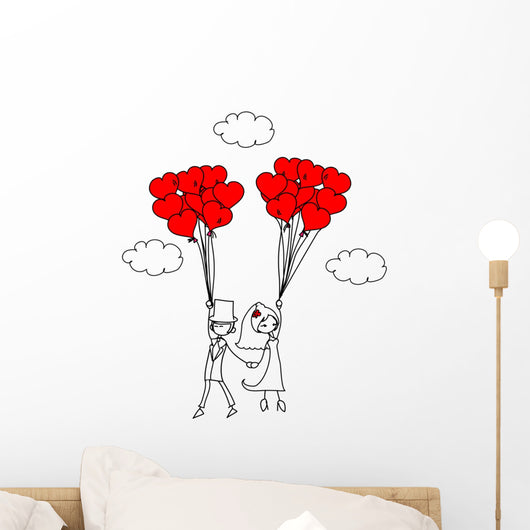 Just Married Couple and Balloons Cartoon Wall Decal