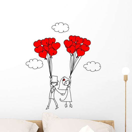 Just Married Couple and Balloons Cartoon Wall Decal