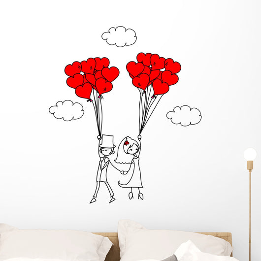 Just Married Couple and Balloons Cartoon Wall Decal