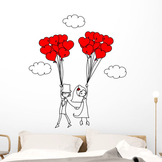 Just Married Couple and Balloons Cartoon Wall Decal