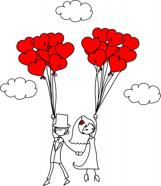 Just Married Couple and Balloons Cartoon Wall Decal