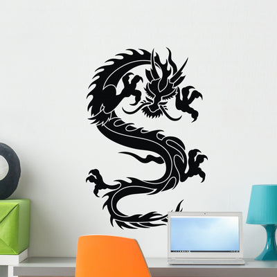 Stylized Asian Dragon Silhouette Wall Decal shown on a wall