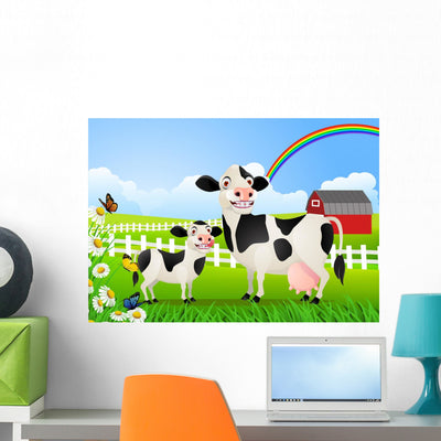 Cow Family Pasture Wall Decal shown on a wall