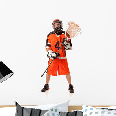 Lacrosse Player Wall Decal shown on a wall
