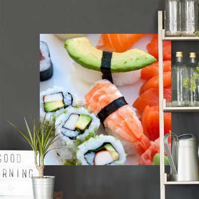 Assortment Sushi Sashimi California Wall Decal shown on a wall