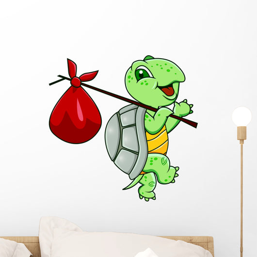 Funny Cartoon Turtle with a Bindle Wall Decal