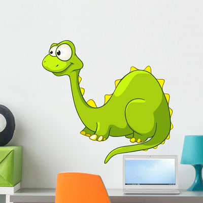 Cartoon Green Brontosaurus Dino Wall Decal shown on a wall