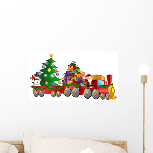Santa Reindeer Snowman in Train with Gifts and Christmas Tree Wall Decal